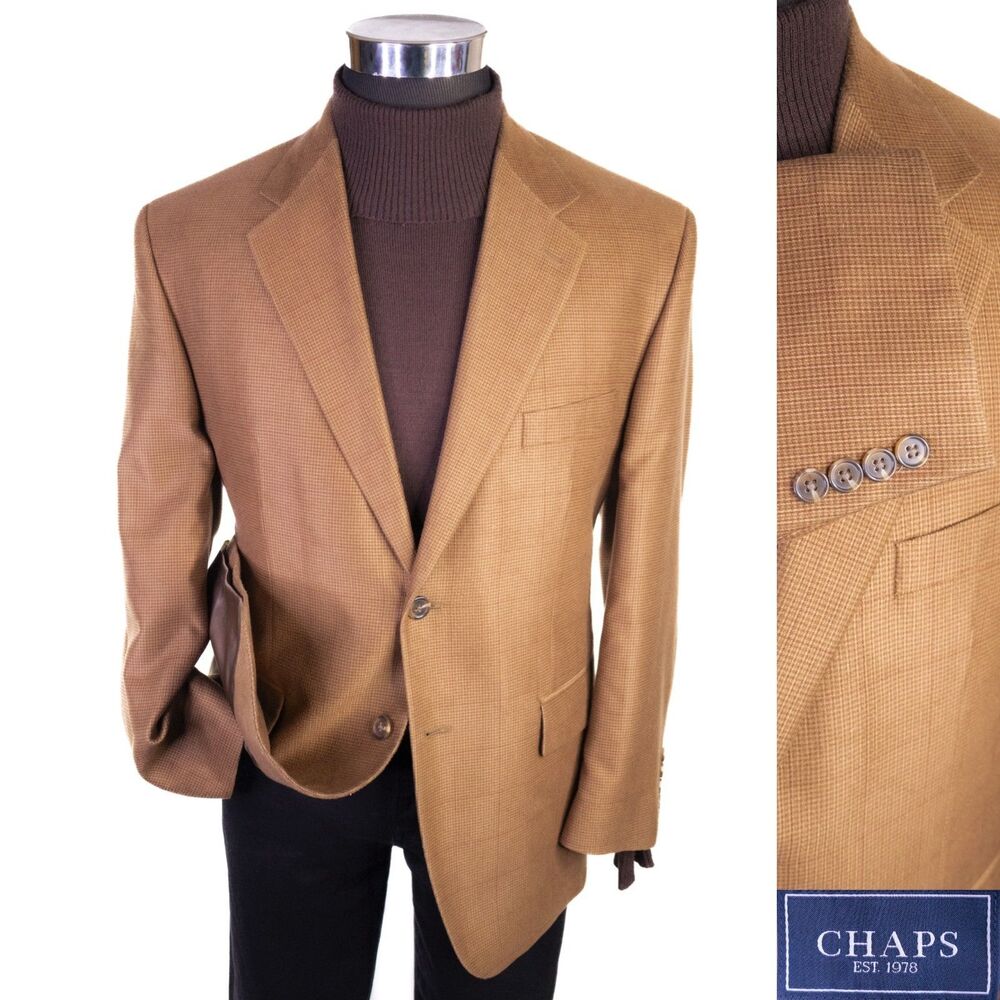 Chaps Blazer Sport Coat Sz 40S Camel Beige Tan Poly Blend Two Button Jacket